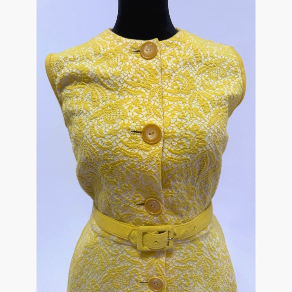 Nelly DeGrab NY vintage 60s yellow woven a-line knee length dress with belt - Picture 2 of 7